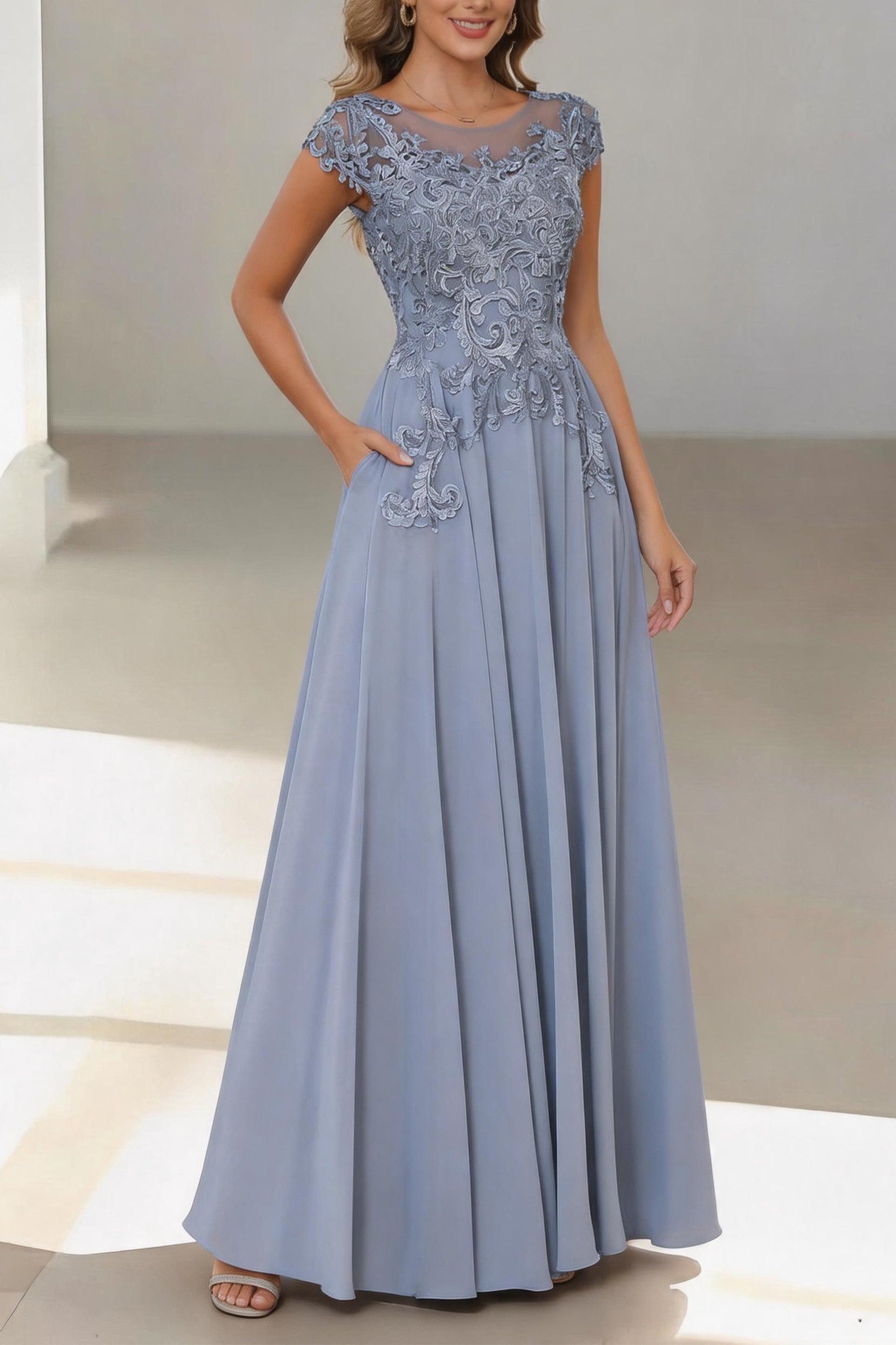 A-Line Floor Length Chiffon Mother of the Bride Dress CM0437 - Dusty Blue - COCOMELODY